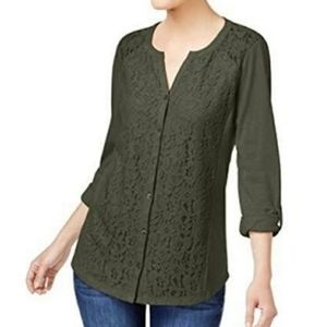 Style & Co Top Green Button Down Floral Lace New